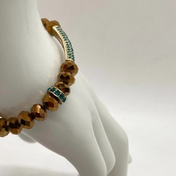 APT. 9 Gold Tone Stretch Bracelet with Faceted Beads & Green Pave Cross Charm - Picture 8 of 13